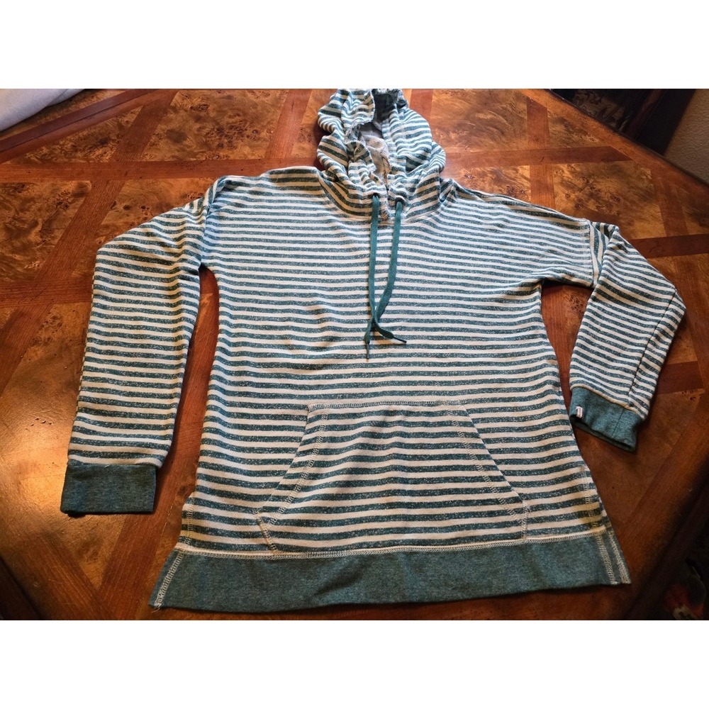 Volcom Lived In Striped Hoodie Teal White Pullover Kangaroo Pockets Small